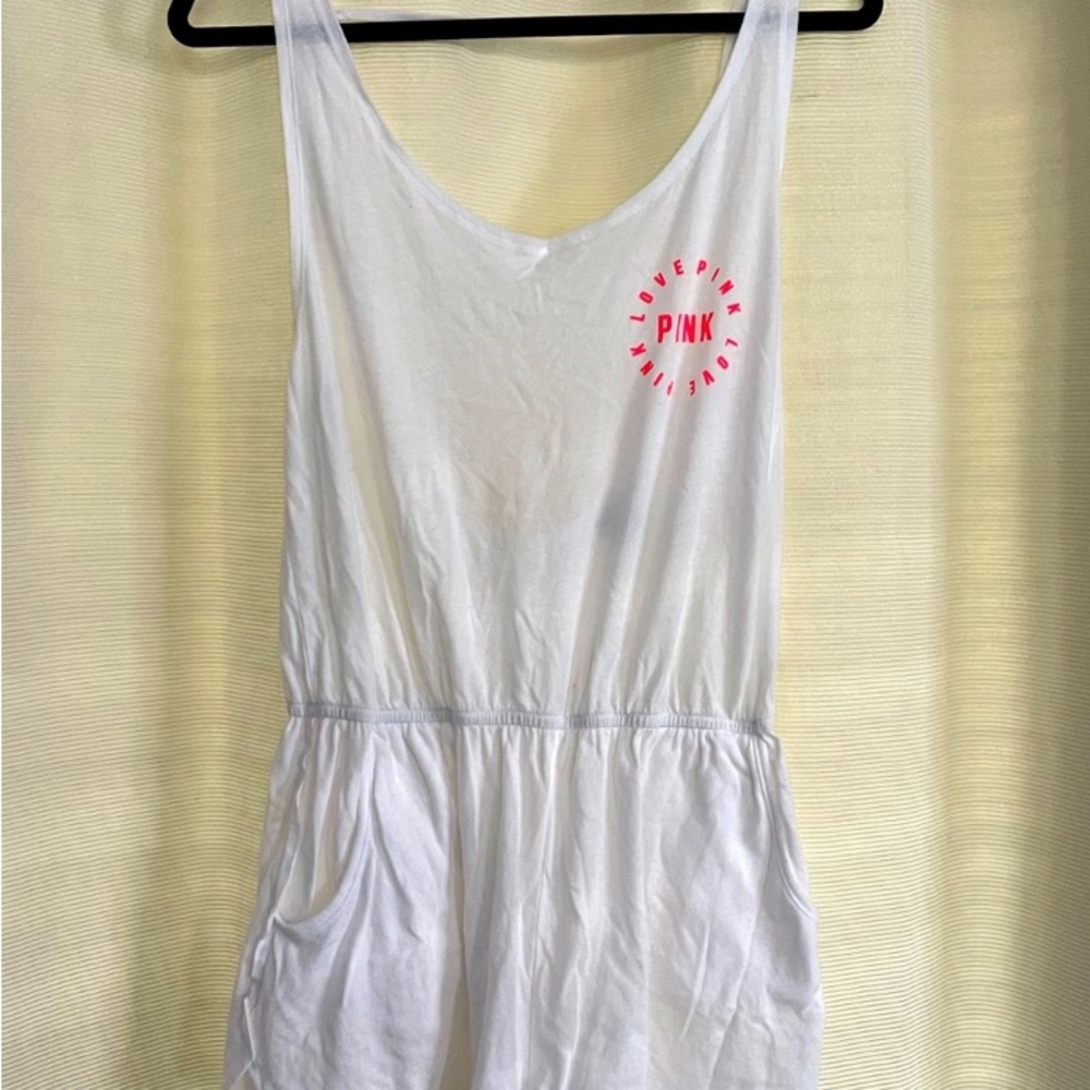 SOLD!! PINK VS White Chinched waist Hip Pockets Swim Coverup Romper M - Picture 1 of 16